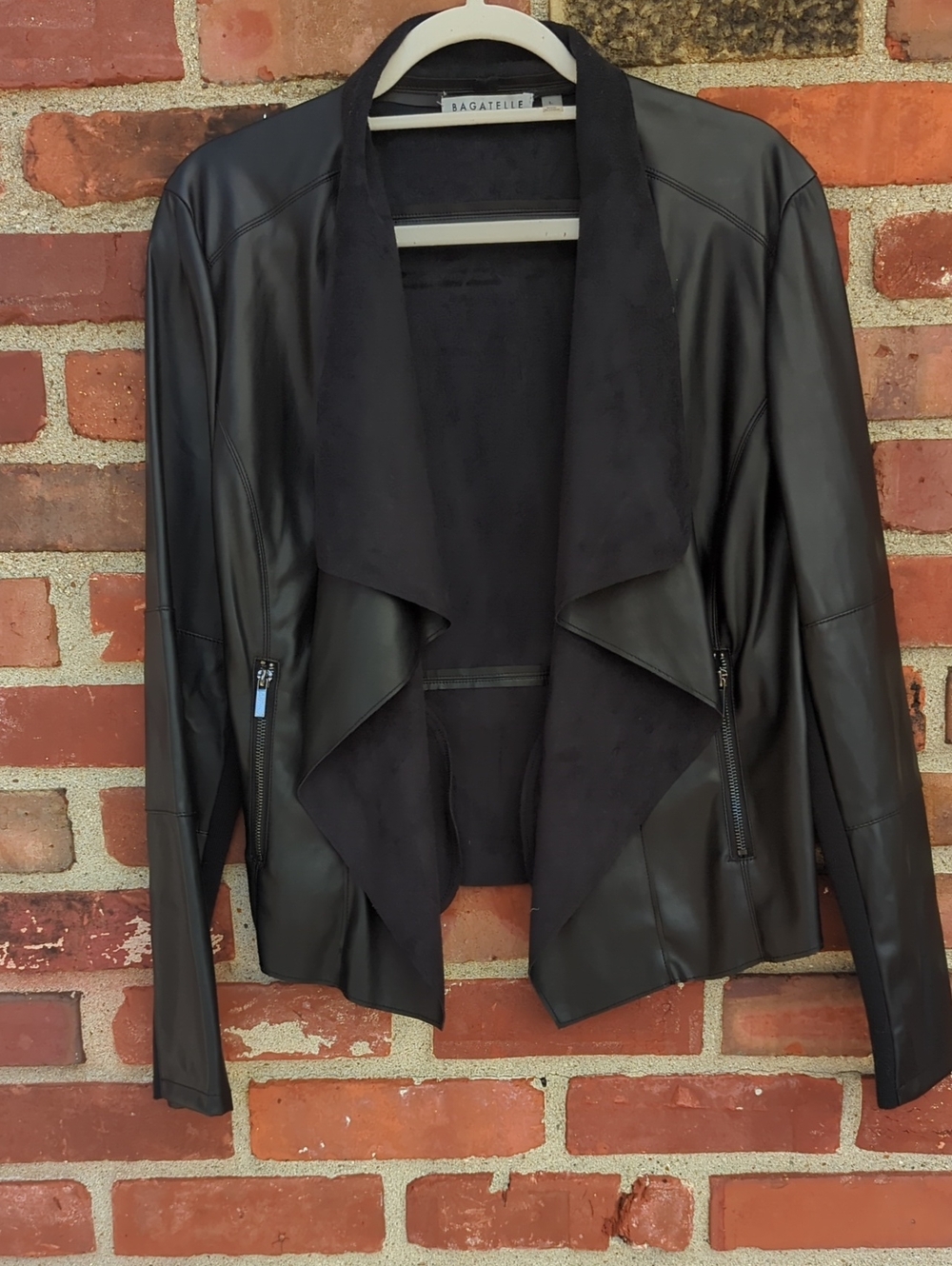 bagatelle Black Faux Leather Draped Waterfall Jacket